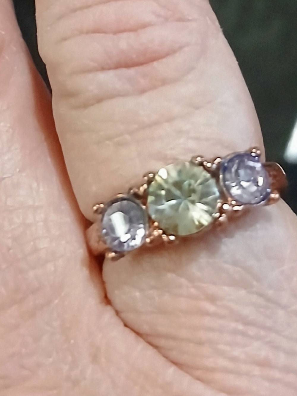 Rose Gold Trio Stone Ring with Pale Green Center and Ligh Purple Side Gems Size